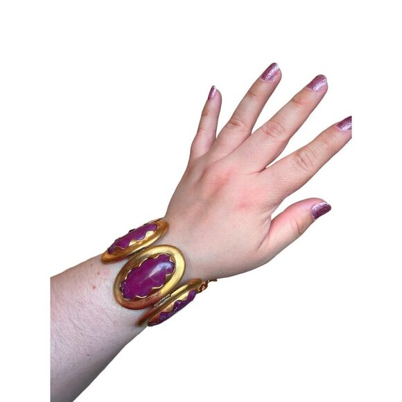 Anne Klein Couture vintage magenta marble cabochon hinge‎ & pin clasp bracelet - Picture 5 of 11